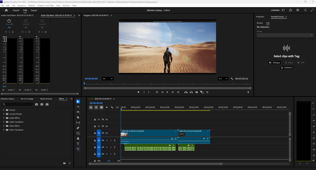 Adobe Premiere Pro timeline with desert flyover preview for an Atlantica Galaxy clip.