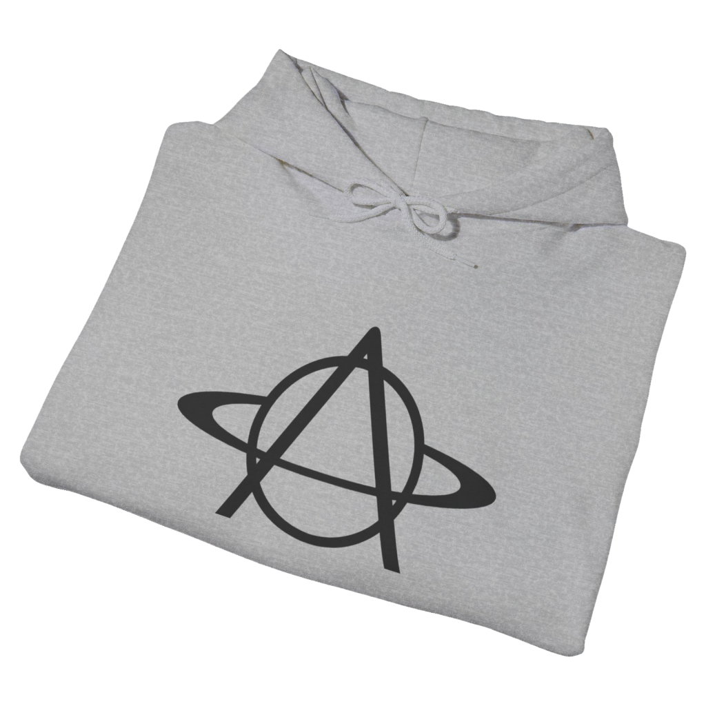 Folded heather-gray unisex hoodie featuring the Atlantica ringed-planet A-logo.