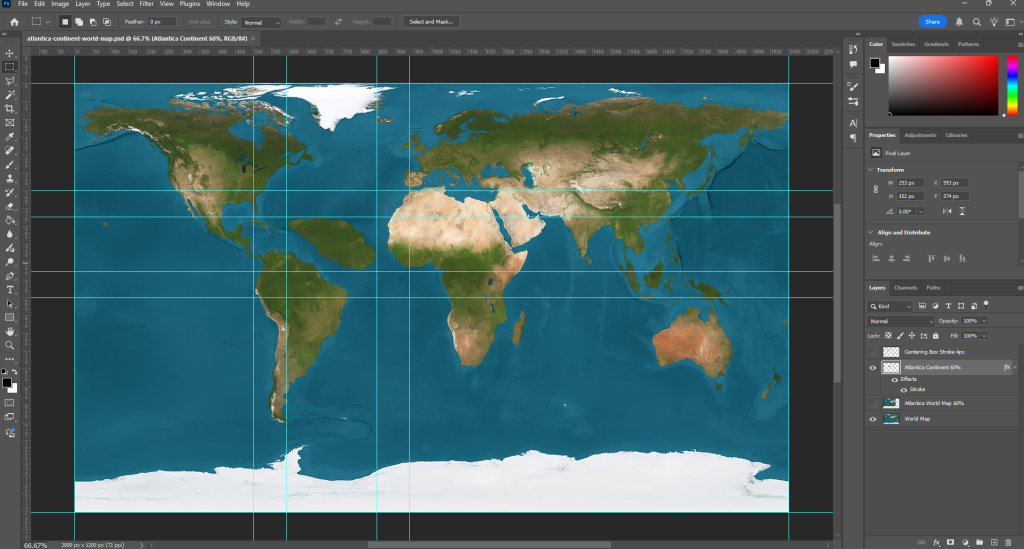 Photoshop workspace with world map and guides while building the Atlantica Continent base.