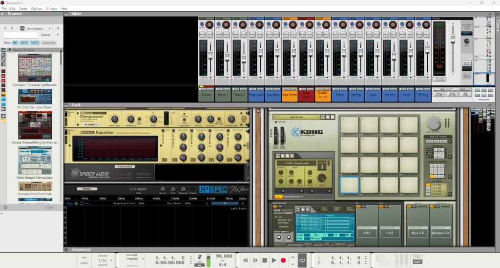 Reason 12 mixer and rack with devices used for Atlantica Music Group music production.